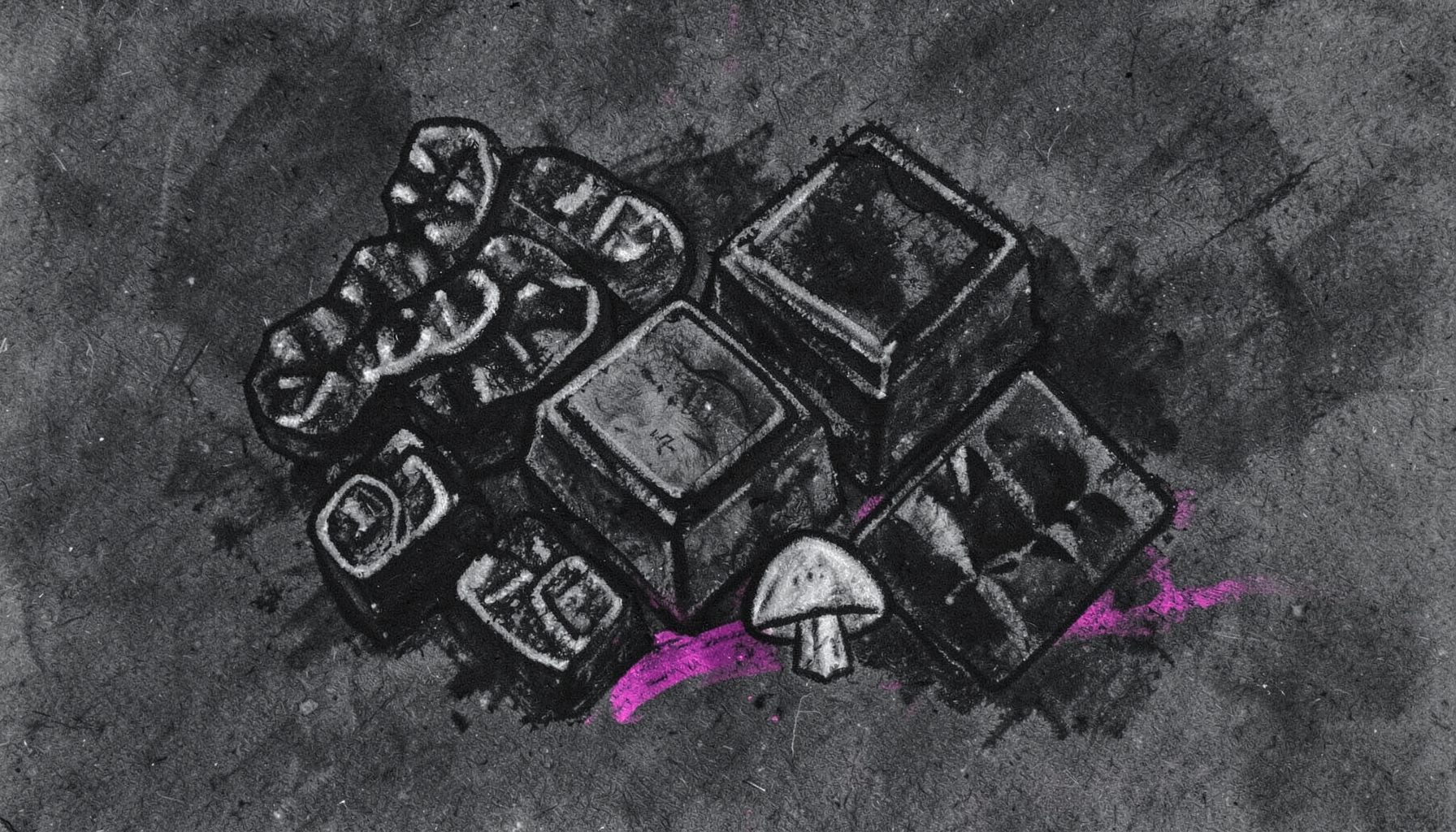 A bold charcoal drawing of assorted gummy candies, chocolate squares, and a small mushroom cluster on a dark textured background, moody and atmospheric
