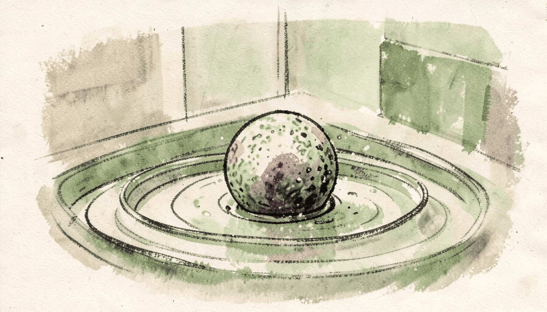 A calm bathroom scene with a CBD bath bomb fizzing in water, soft beige and green tones