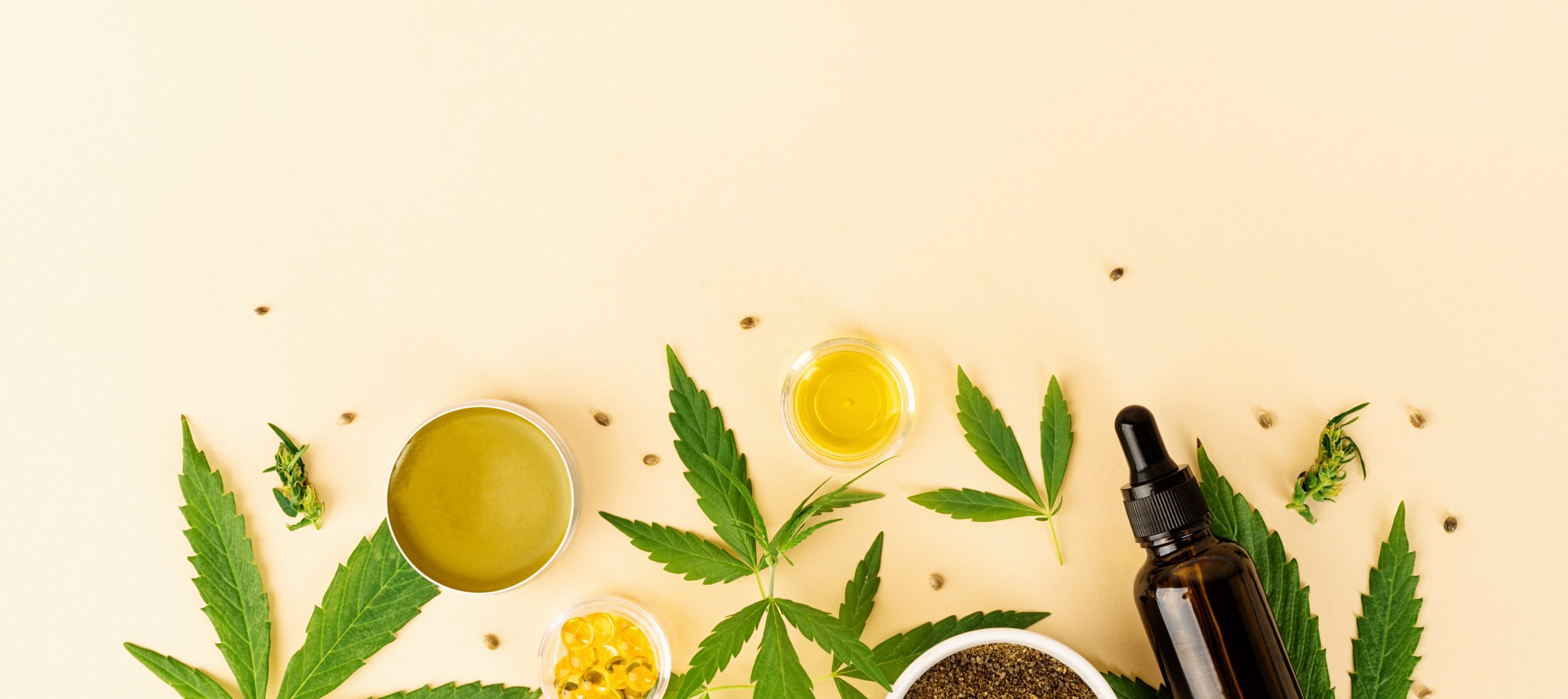 Flat lay of green plant leaves, small jars of oil, capsules, and a dropper bottle on a light beige background, calm natural wellness vibe