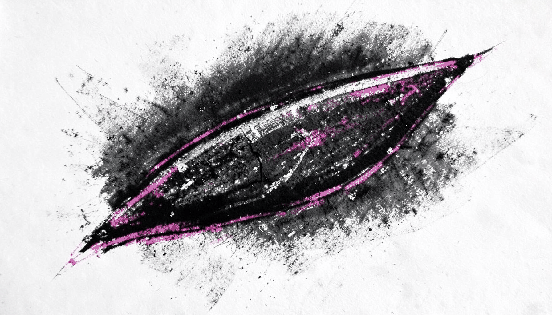 Bold charcoal drawing of a spear-shaped cannabis cola, dark dramatic shading with bright edge highlights