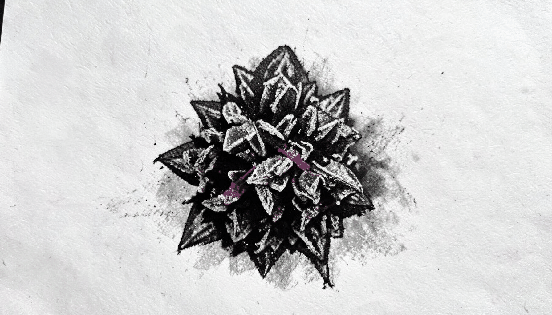 Bold charcoal sketch of a compact cannabis nug with crystalline texture, moody dark grays