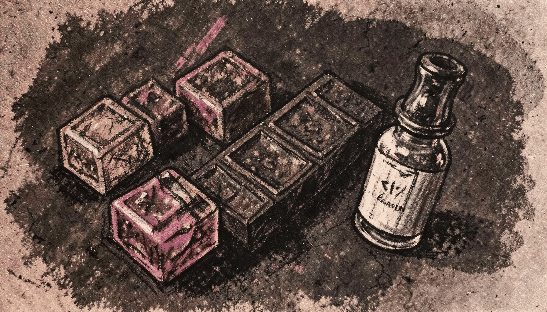 Bold charcoal drawing of assorted edibles — gummy squares, a chocolate bar, and a small tincture bottle — arranged on a dark surface, rich browns and deep grays, warm and inviting